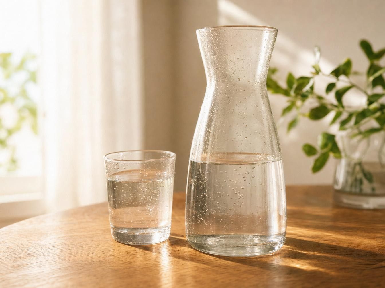 Glaskaraffe und Glas mit kristallklarem Wasser auf einem Eichentisch