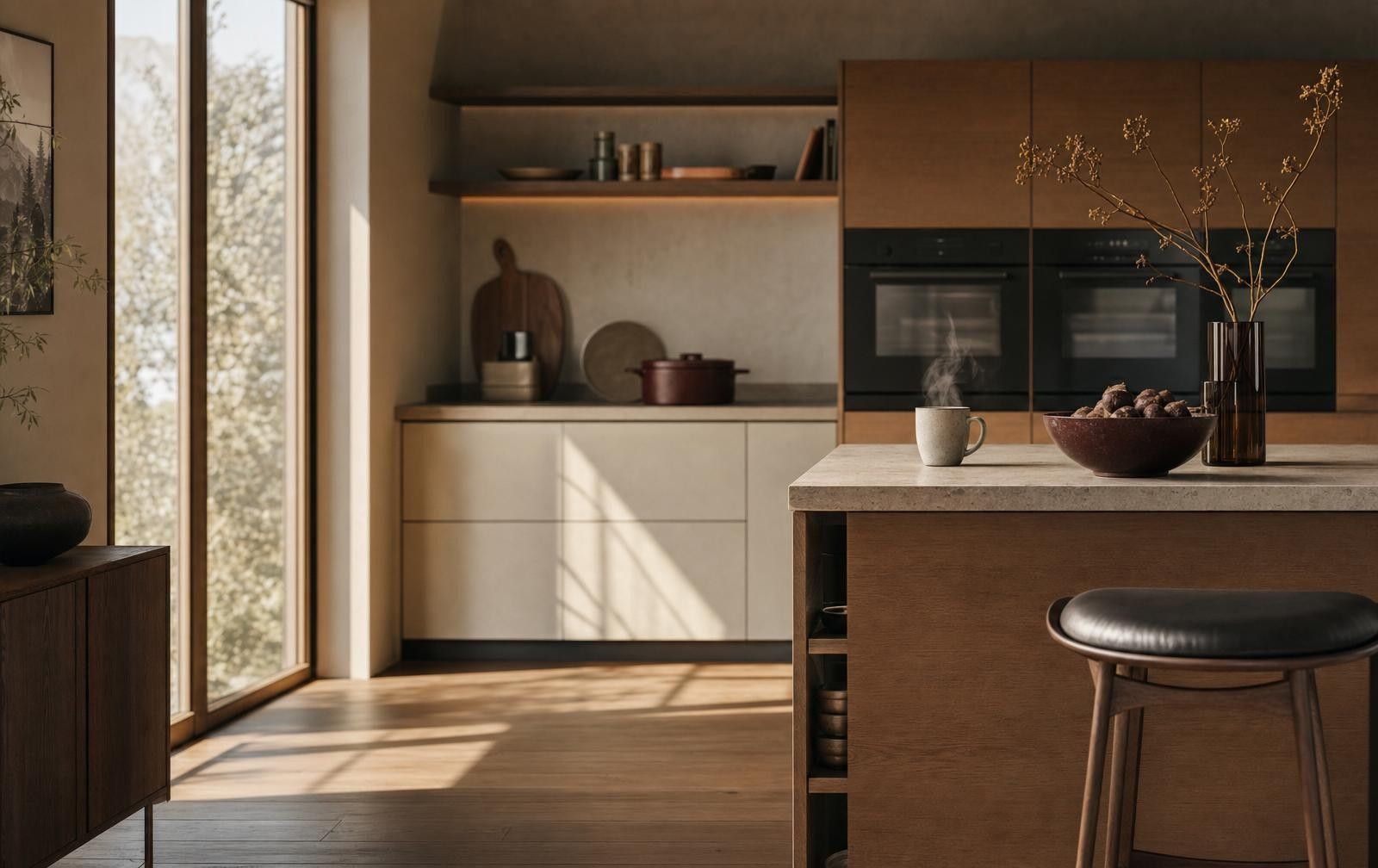 Warme moderne Küche mit Kücheninsel, Holz- und Cremefronten