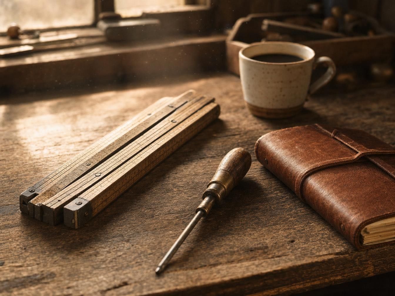 Stillleben mit Zollstock, Messingschraubendreher, Lederbuch und Kaffeetasse auf alter Werkbank